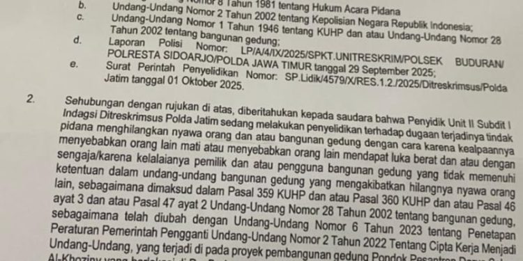 Usai Bupati Subandi Singgung Soal IMB Ponpes Al Khoziny, Polda Jatim Panggil Saksi Shaka Nabil Ichsani
