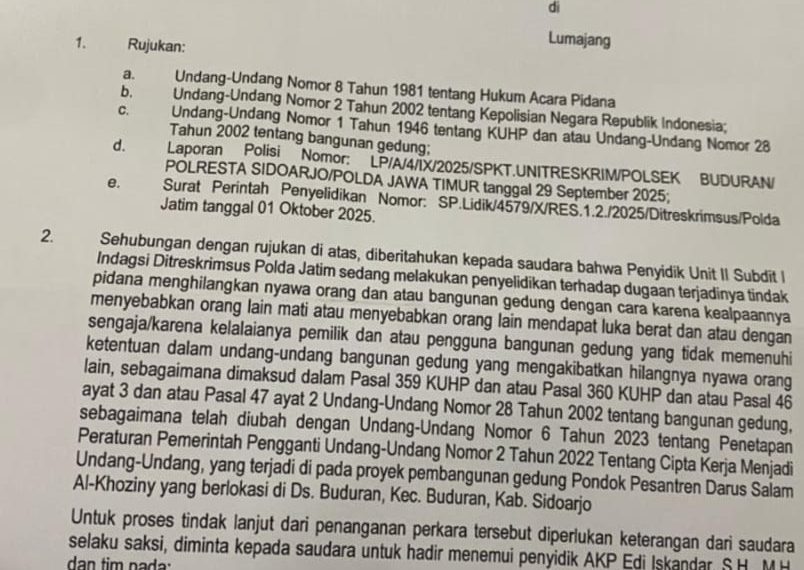 Usai Bupati Subandi Singgung Soal IMB Ponpes Al Khoziny, Polda Jatim Panggil Saksi Shaka Nabil Ichsani